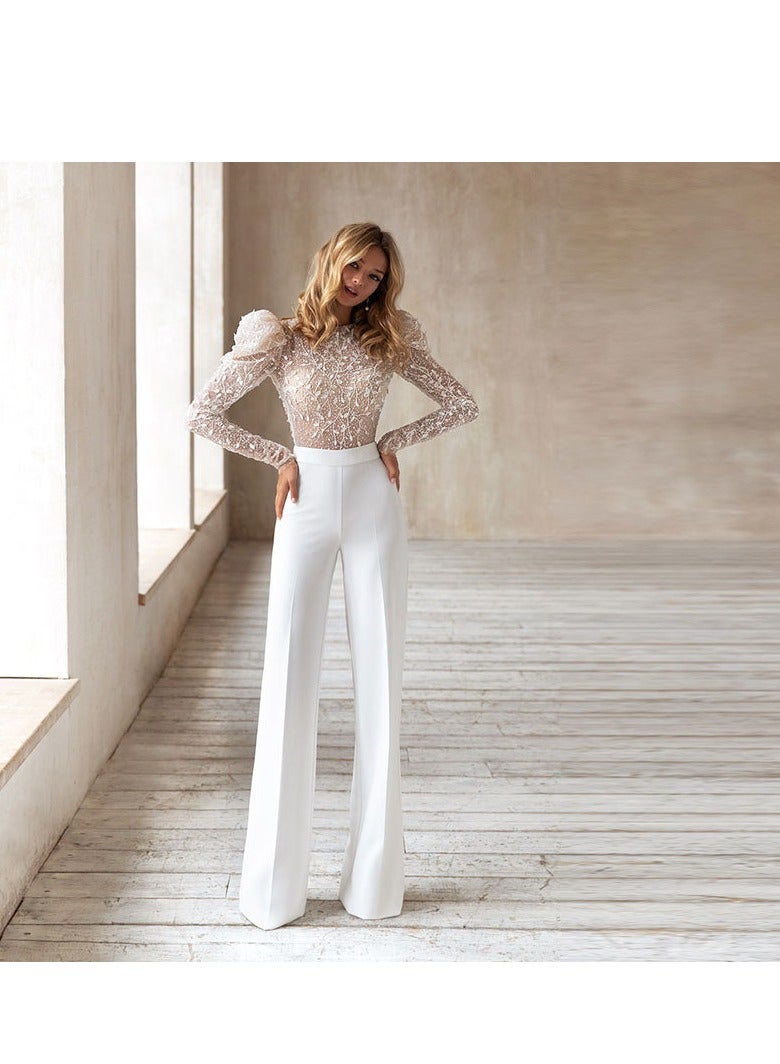 Women's Lace Details Sleeves Texture Knitted Wide Leg jumpsuit  - Image 2
