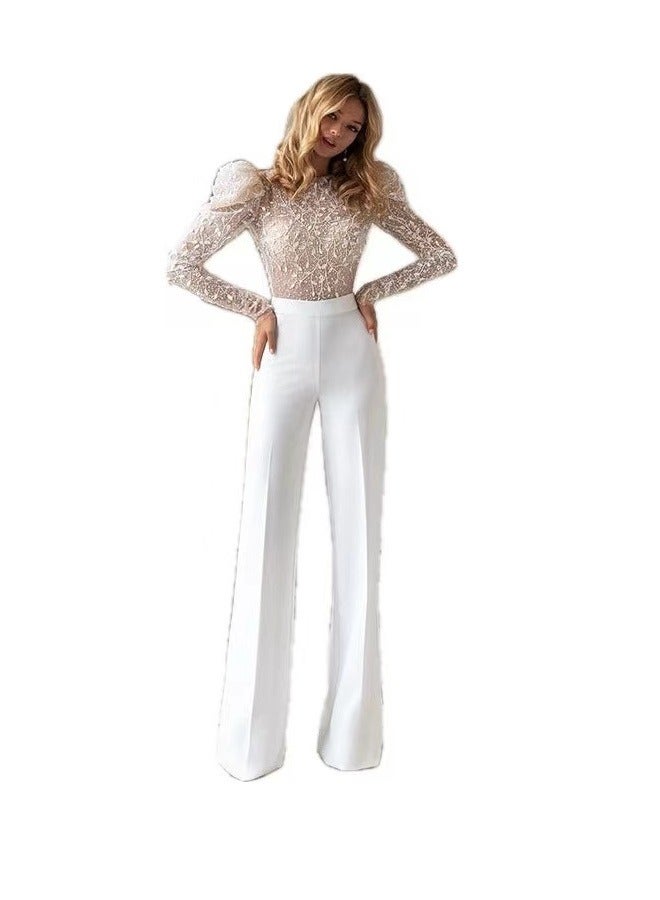 Women's Lace Details Sleeves Texture Knitted Wide Leg jumpsuit  - Image 1