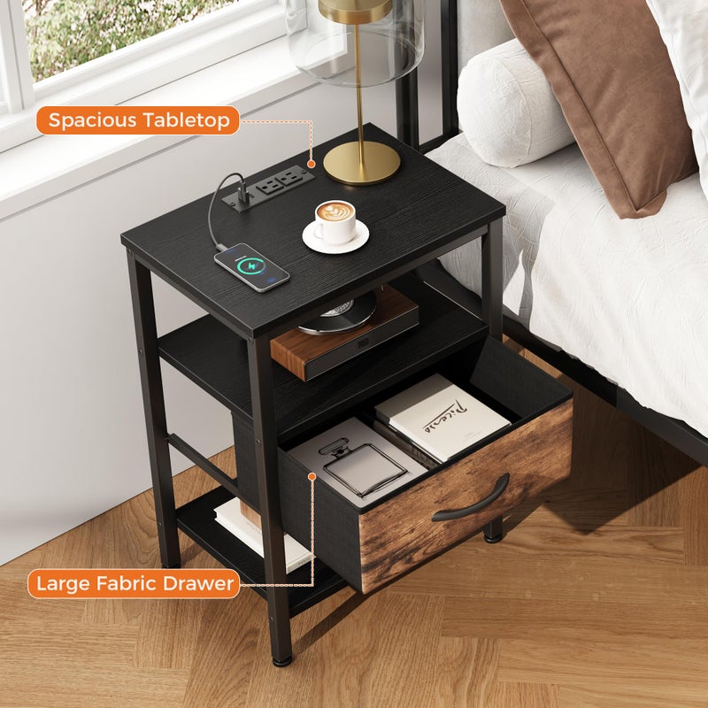 DUMOS Bedside Table with Charging Station and Adjustable Fabric Drawer Compact Nightstand 3-Tier Storage Organizer End Table for Bedroom,Black and Brown - Image 3