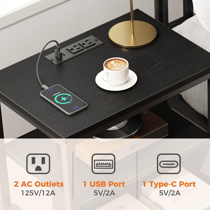 DUMOS Bedside Table with Charging Station and Adjustable Fabric Drawer Compact Nightstand 3-Tier Storage Organizer End Table for Bedroom,Black and Brown - Image 4