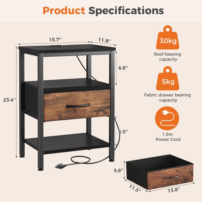 DUMOS Bedside Table with Charging Station and Adjustable Fabric Drawer Compact Nightstand 3-Tier Storage Organizer End Table for Bedroom,Black and Brown - Image 2