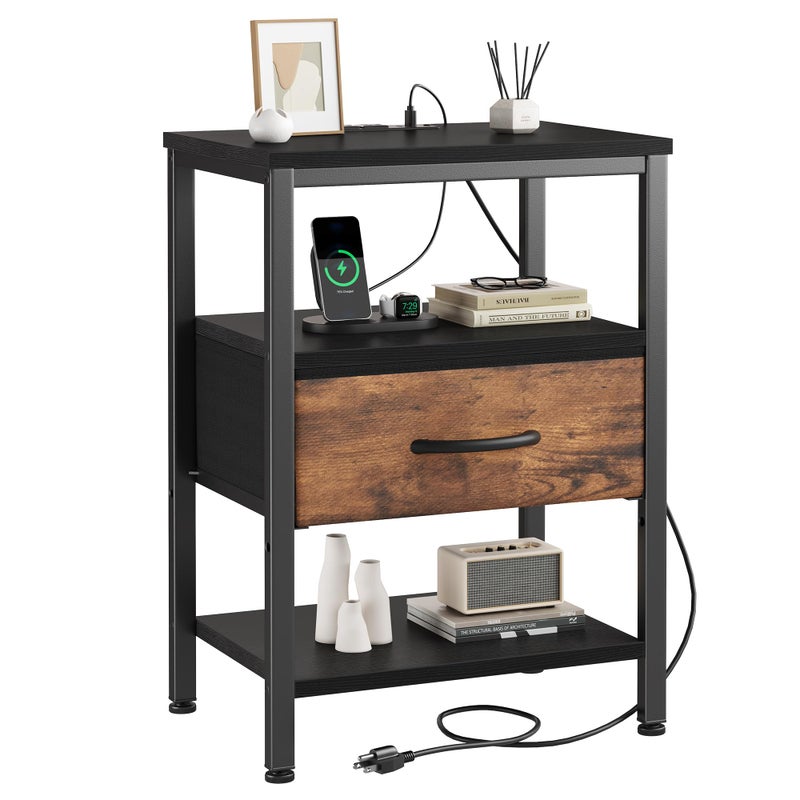 DUMOS Bedside Table with Charging Station and Adjustable Fabric Drawer Compact Nightstand 3-Tier Storage Organizer End Table for Bedroom,Black and Brown - Image 1