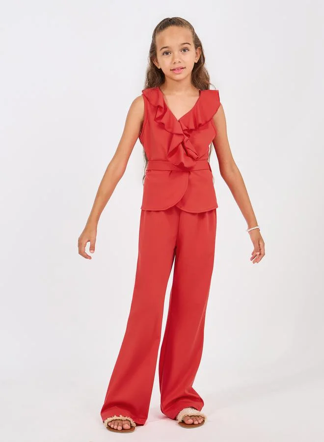 Styli Ruffle Trim Sleeveless Top & Flare Leg Pants Set