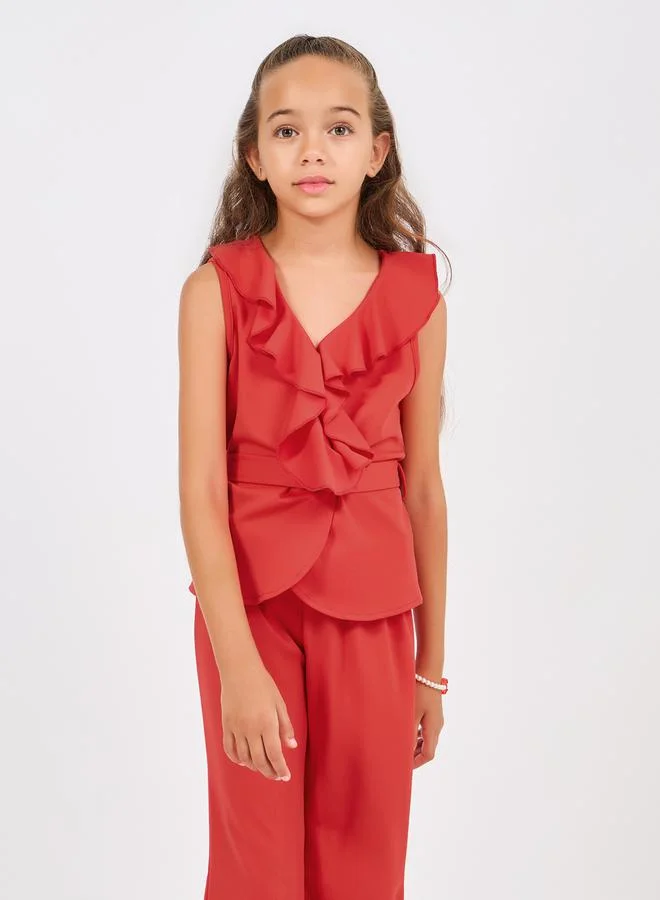 Styli Ruffle Trim Sleeveless Top & Flare Leg Pants Set