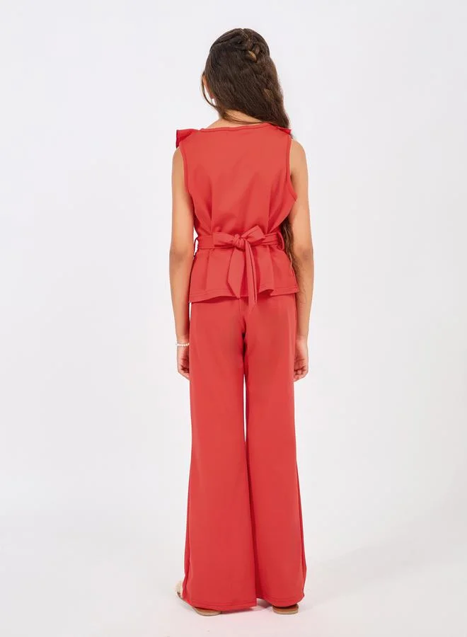 Styli Ruffle Trim Sleeveless Top & Flare Leg Pants Set