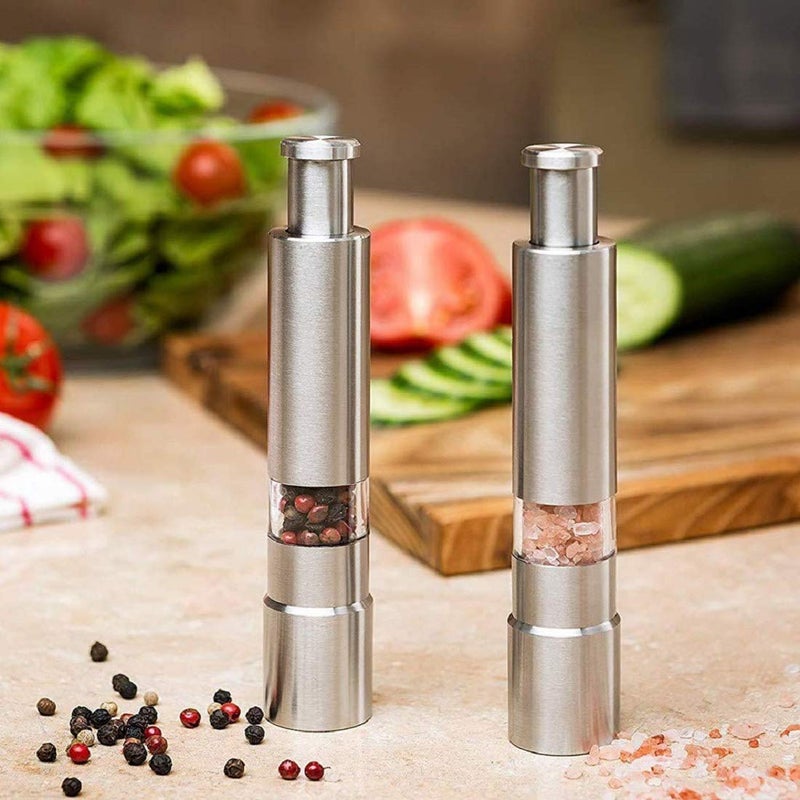 MR BRAND CREATION Stainless Steel Thumb Push Salt Pepper Muller Grinder Pepper Grinder Spice Set Pepper Mills Grinder Tool Hand Grinder Machine for Home Spices Manual Operation Silver 2 - Image 3