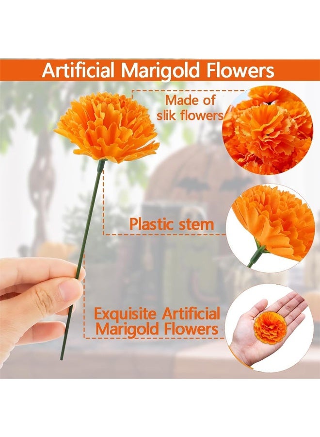 DUNISO 50 PCS Artificial Marigold Flowers,Simulate Marigolds Flowers with Stems, Decorations Silk Faux Flowers for Dia De Los Muertos Diwali, Home Decor, Marigold Garland Day of The Dead Decorations - Image 5