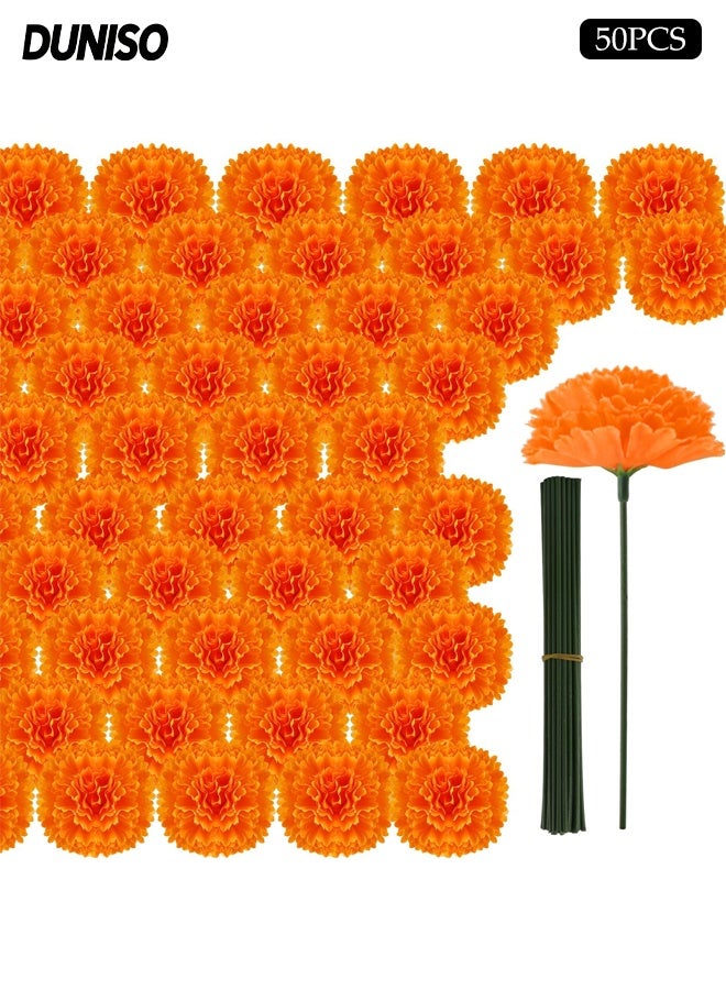 DUNISO 50 PCS Artificial Marigold Flowers,Simulate Marigolds Flowers with Stems, Decorations Silk Faux Flowers for Dia De Los Muertos Diwali, Home Decor, Marigold Garland Day of The Dead Decorations - Image 1