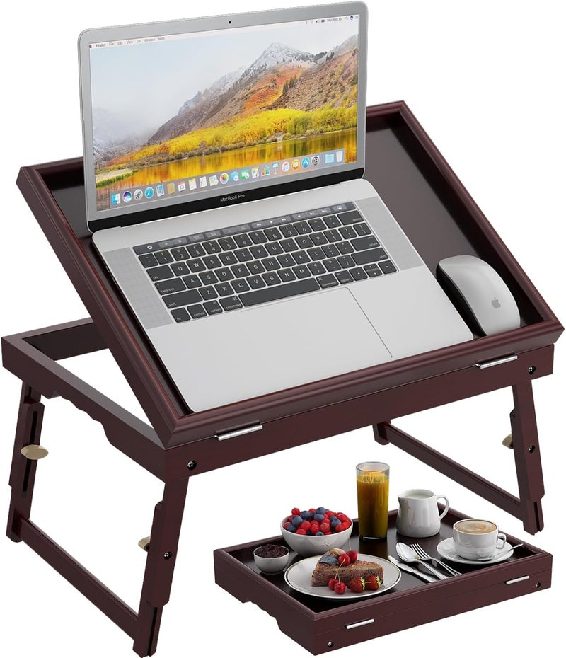 promitop Bamboo Adjustable & Foldable Bed Tray Table with Ergonomic Handle, 17x12in Breakfast Tray for Eating, Laptop Desk, Sofa Snacking, Non-Slip Surface (Mahogany) - Image 1