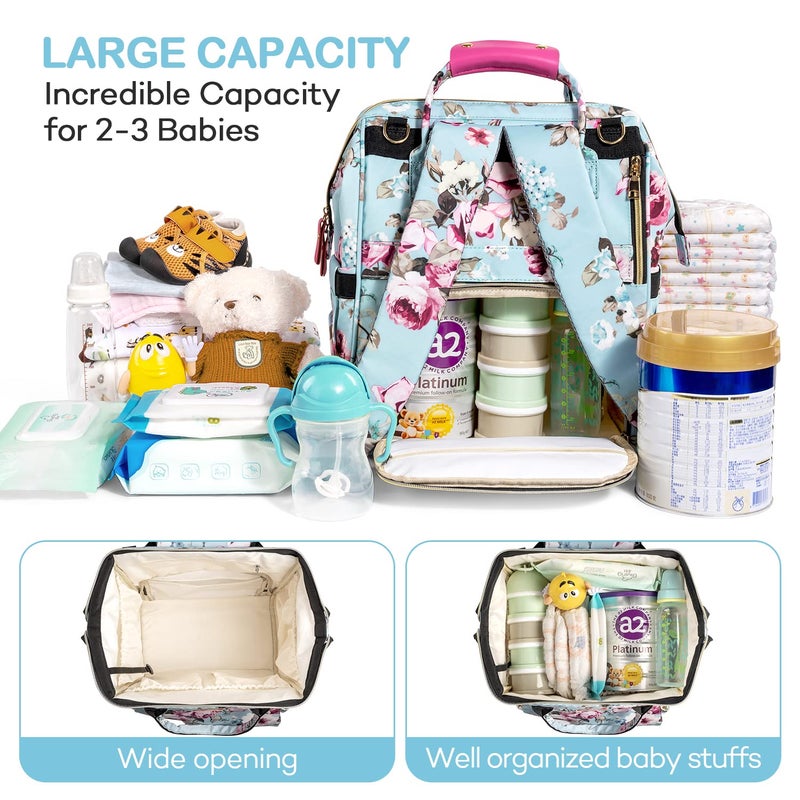 LitBear Diaper Bag Backpack, Large Capacity Multifunction Nappy Bags, Waterproof Baby Bag Floral Insulated Sturdy Travel Maternity Back Pack for Baby Girls with Diaper Pad Bottle Bag (Rose Flower) - Image 2
