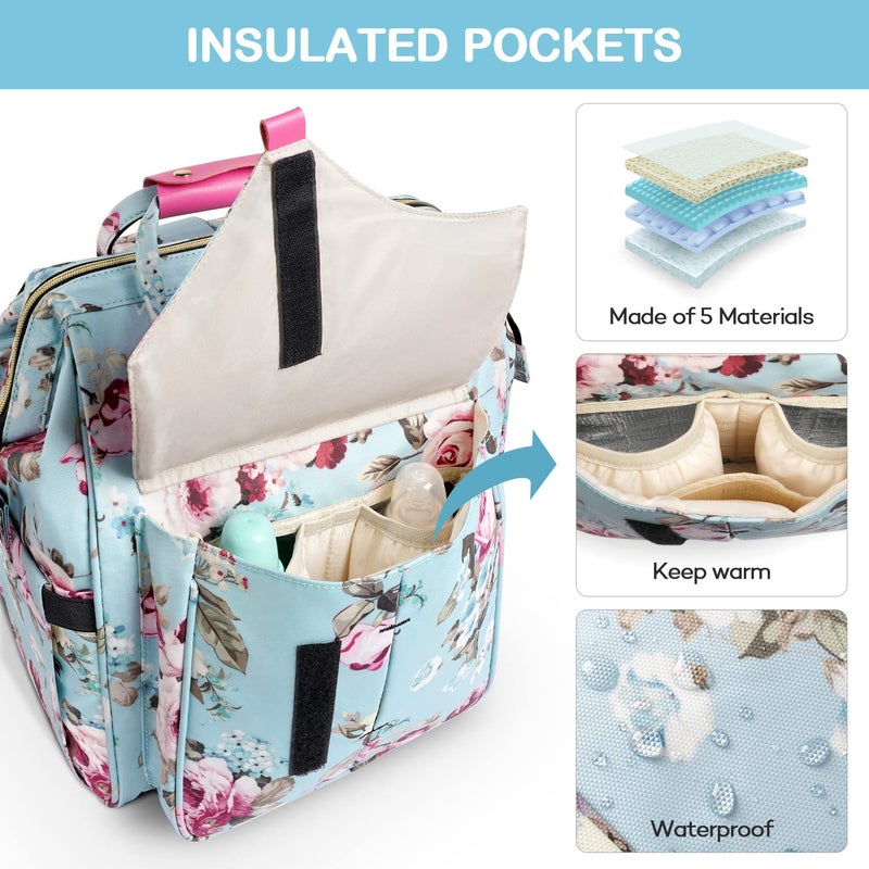 LitBear Diaper Bag Backpack, Large Capacity Multifunction Nappy Bags, Waterproof Baby Bag Floral Insulated Sturdy Travel Maternity Back Pack for Baby Girls with Diaper Pad Bottle Bag (Rose Flower) - Image 4