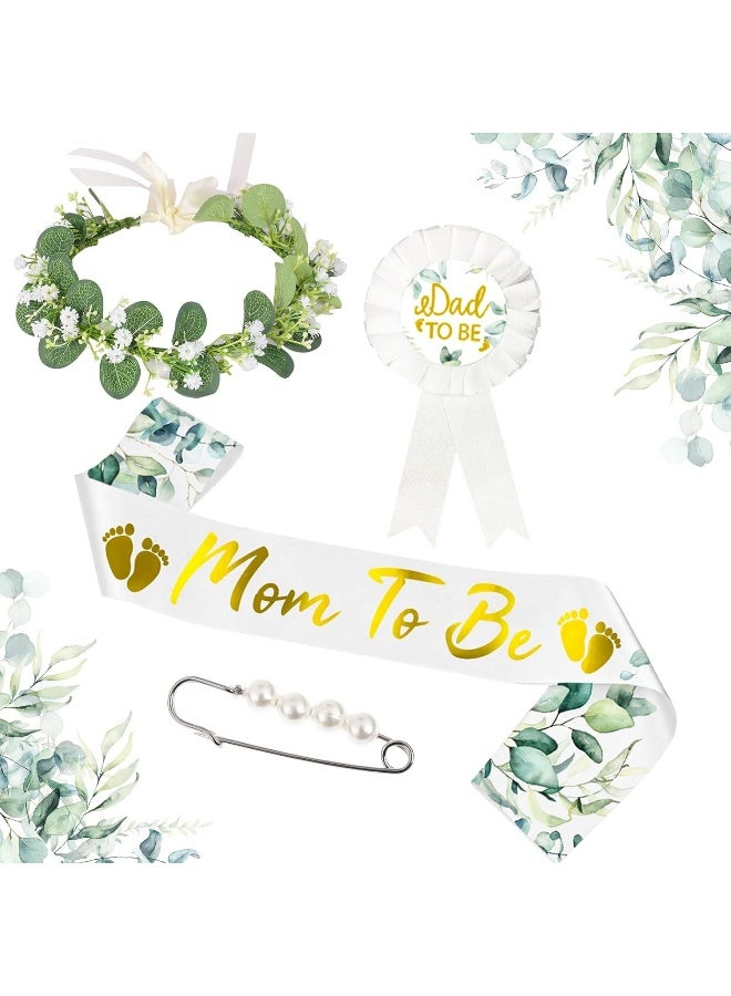 Yiphates 4Pcs/Set Sage Green Baby Shower Mommy to Be Sash Daddy to Be Badge Pin Eucalyptus Leaves Floral Crown Kit with Pearl Brooch Pin for Maternity Gift Favour - Image 1