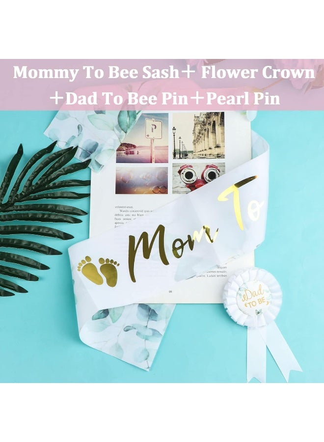 Yiphates 4Pcs/Set Sage Green Baby Shower Mommy to Be Sash Daddy to Be Badge Pin Eucalyptus Leaves Floral Crown Kit with Pearl Brooch Pin for Maternity Gift Favour - Image 3