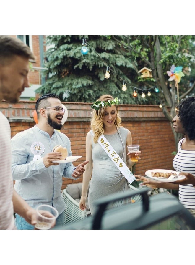 Yiphates 4Pcs/Set Sage Green Baby Shower Mommy to Be Sash Daddy to Be Badge Pin Eucalyptus Leaves Floral Crown Kit with Pearl Brooch Pin for Maternity Gift Favour - Image 2