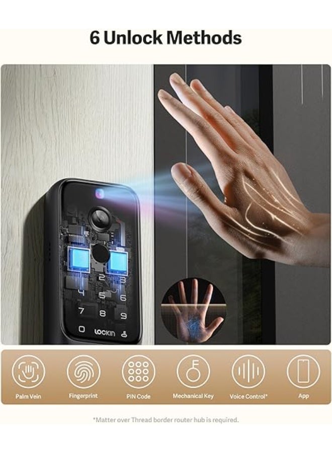 Lockin Veno Plus Smart Lock with Dual Swappable Batteries, 6-Month Power, 2K 180Â° Camera & Video Doorbell, Palm Vein/Fingerprint Entry, Built-in WiFi, App Control, No Subscription - Image 4