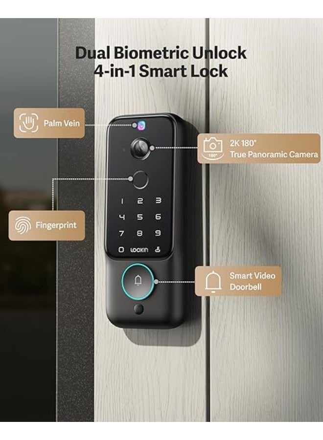 Lockin Veno Plus Smart Lock with Dual Swappable Batteries, 6-Month Power, 2K 180Â° Camera & Video Doorbell, Palm Vein/Fingerprint Entry, Built-in WiFi, App Control, No Subscription - Image 3
