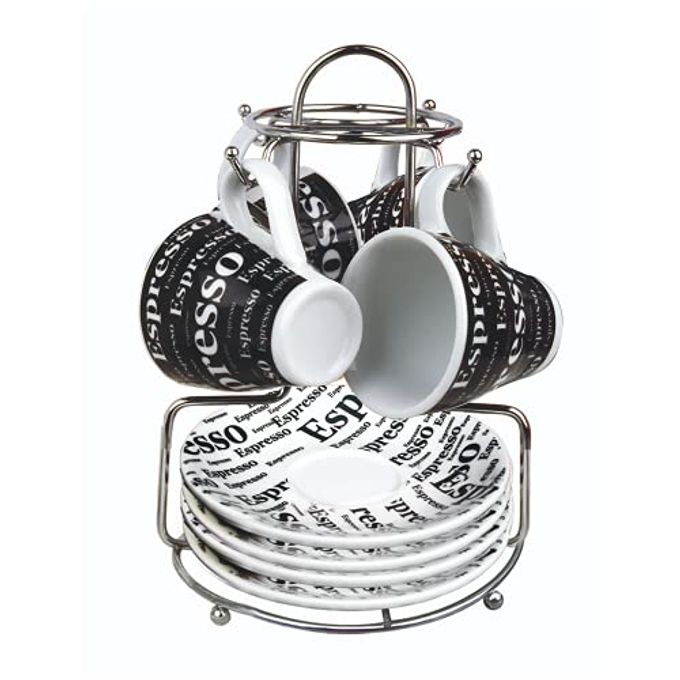 Bene Casa - Ceramic 9 Piece Espresso Set Including Metal Stand - 4 Espresso Cups (3oz) and 4 Saucers - Stain Resistant Glaze