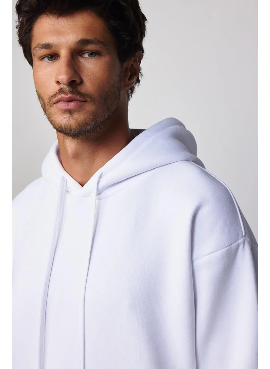 Tudors Oversize Wide Cut Cotton Soft Textured Polar Fleece Basic White Hooded Sweatshirt