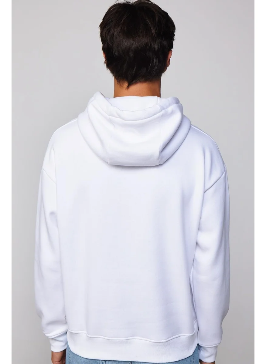 Tudors Oversize Wide Cut Cotton Soft Textured Polar Fleece Basic White Hooded Sweatshirt