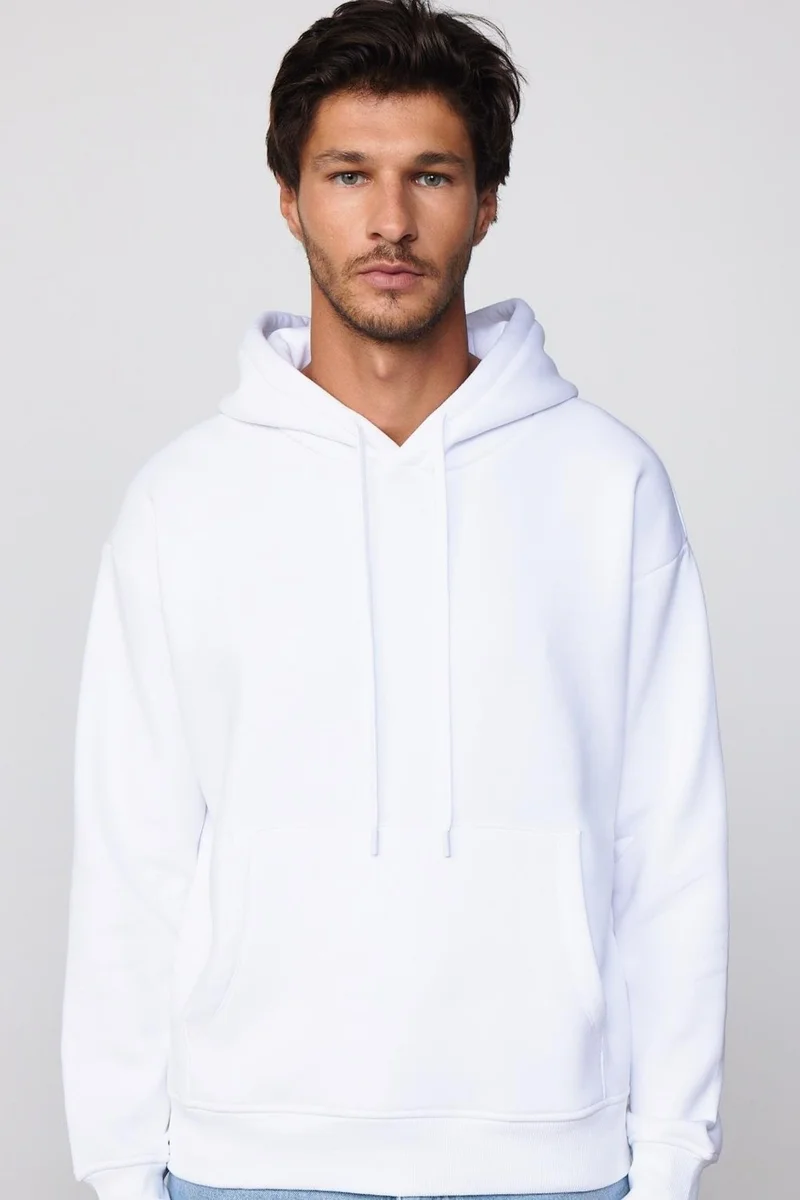 Tudors Oversize Wide Cut Cotton Soft Textured Polar Fleece Basic White Hooded Sweatshirt