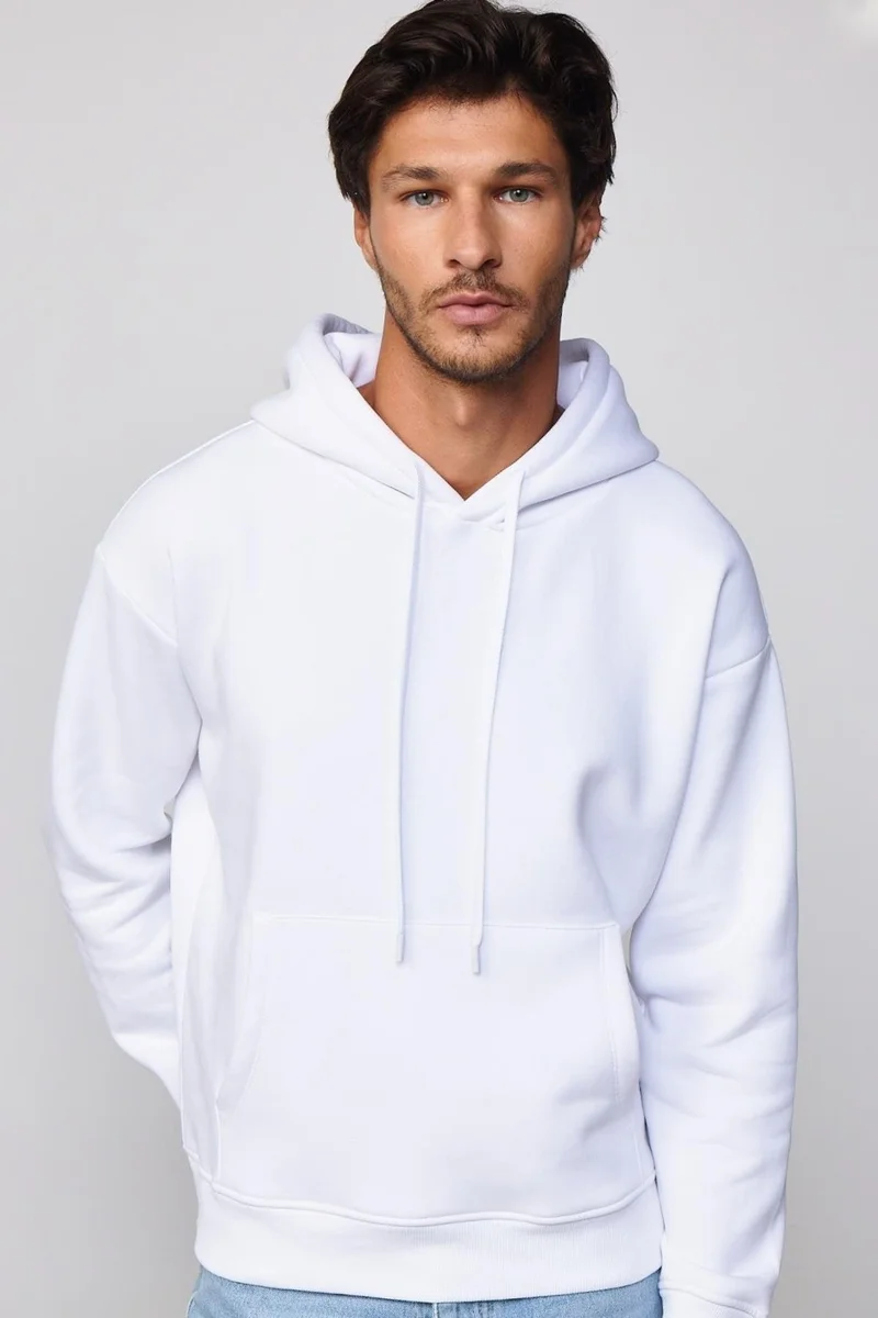 Tudors Oversize Wide Cut Cotton Soft Textured Polar Fleece Basic White Hooded Sweatshirt