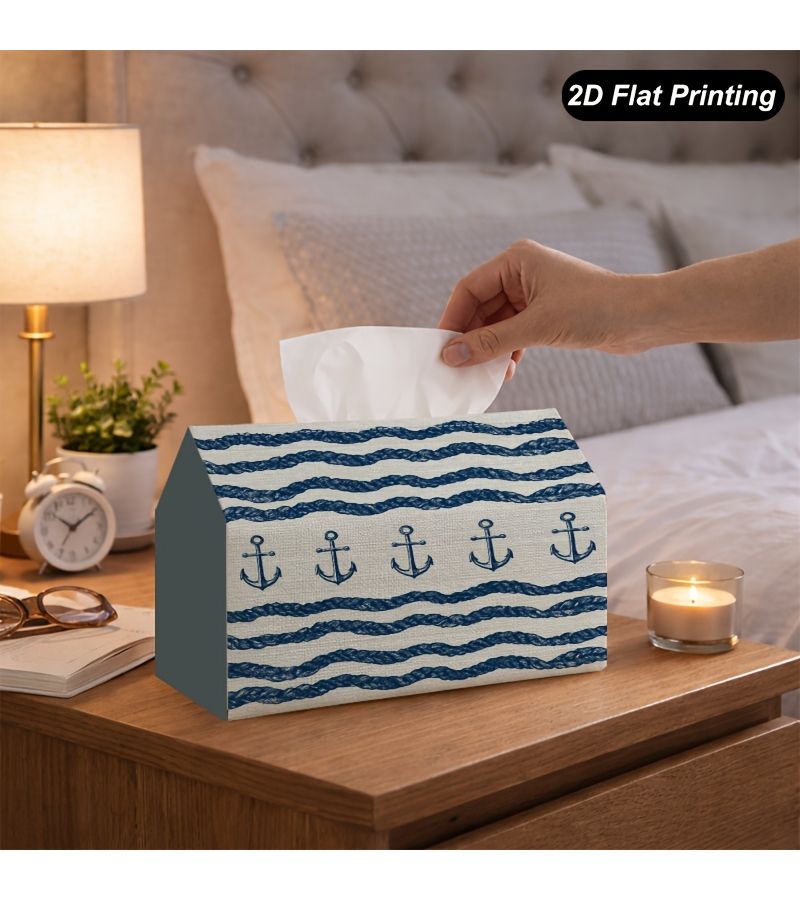 1pc Anchor Striped Nautical Pattern Tissue Box Cover Napkin Organizer 7x4 3x5 1inch Multifunctional Storage for Home Kitchen Desktop Decoration - Image 1