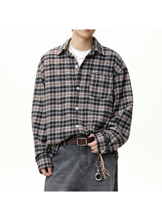 Izexx American Retro Plaid Long-sleeve Shirt For Men, Spring Trendy Thin Casual Lapel Shirt Jacket Hm63 Black And Gray L - Image 5
