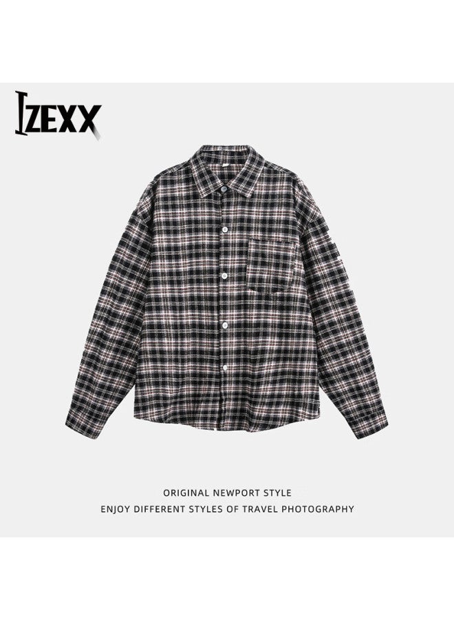 Izexx American Retro Plaid Long-sleeve Shirt For Men, Spring Trendy Thin Casual Lapel Shirt Jacket Hm63 Black And Gray L - Image 1