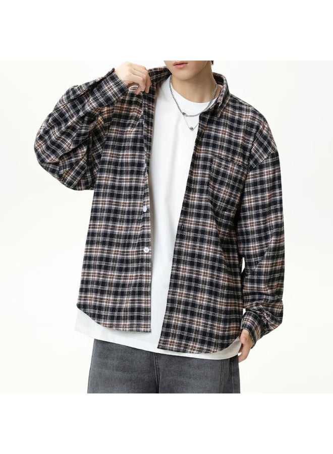 Izexx American Retro Plaid Long-sleeve Shirt For Men, Spring Trendy Thin Casual Lapel Shirt Jacket Hm63 Black And Gray L - Image 2