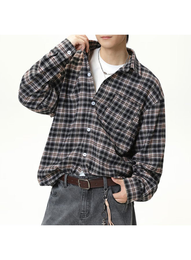 Izexx American Retro Plaid Long-sleeve Shirt For Men, Spring Trendy Thin Casual Lapel Shirt Jacket Hm63 Black And Gray L - Image 3