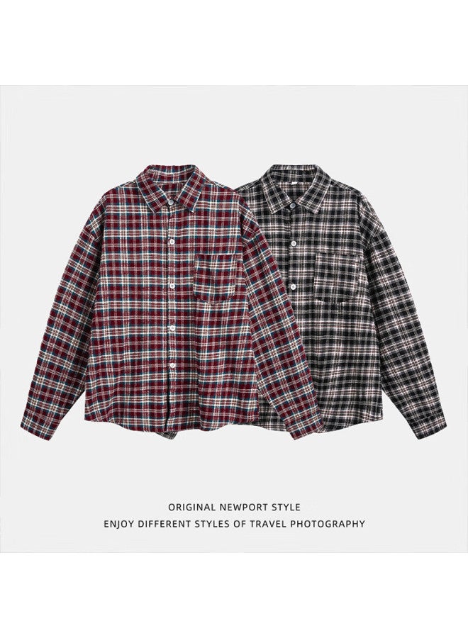 Izexx American Retro Plaid Long-sleeve Shirt For Men, Spring Trendy Thin Casual Lapel Shirt Jacket Hm63 Black And Gray L - Image 4
