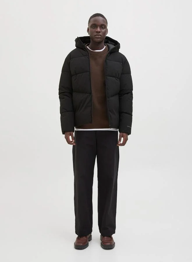 JACK & JONES Black Plain Puffer Jacket with Zip Closure