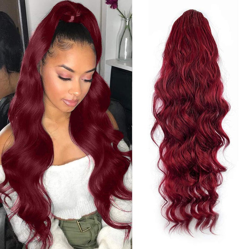 KETHBE KETHBE 24 Inch Long Body Wave Ponytail hair Extension Synthetic Heat Resistant Wrap Around Drawstring Curly Wavy Ponytail Hairpieces for WomenRed 