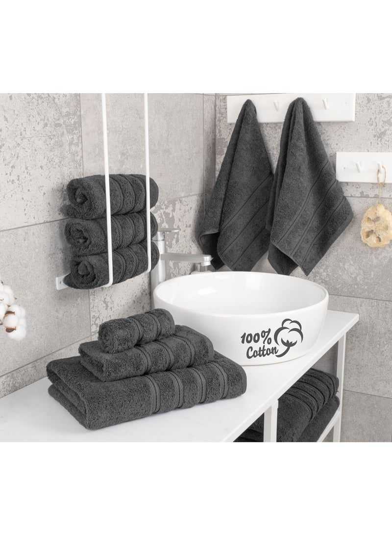 طقم مناشف فاخرة بجودة الفنادق 600 جرام لكل متر مربع من قطن ممشط أصلي، ناعم للغاية ويمتص الماء بكفاءة، طقم مناشف حمام عائلية مكون من 6 قطع – 2 منشفة استحمام، 2 منشفة يد، 2 فوطة وجه – لون رمادي فاتح - Image 2