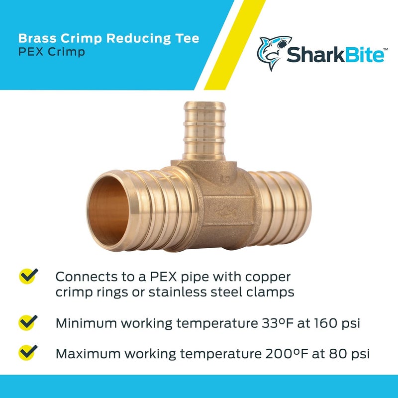 SharkBite Globally spread simple design 1 Inch x 1 Inch x 1/2 Inch Crimp Reducing Tee, Brass Plumbing Fitting, PEX Pipe, PE-RT, UC415LFA Long lifespan - Image 3