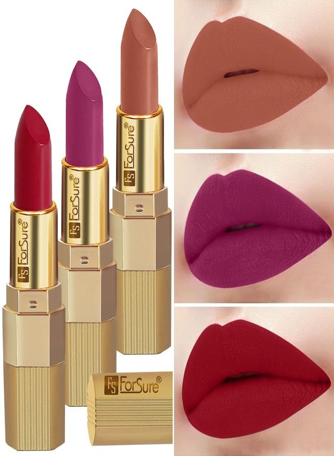 فور شور أحمر شفاه ForSure® Xpression Lipsick طويل الأمد بلمسة نهائية غير لامعة، مجموعة من 3 ألوان مناسبة لجميع درجات لون البشرة، 3.5 جرام لكل لون (لون نيود غير لامع - أحمر مخملي - ماجنتا). - Image 1