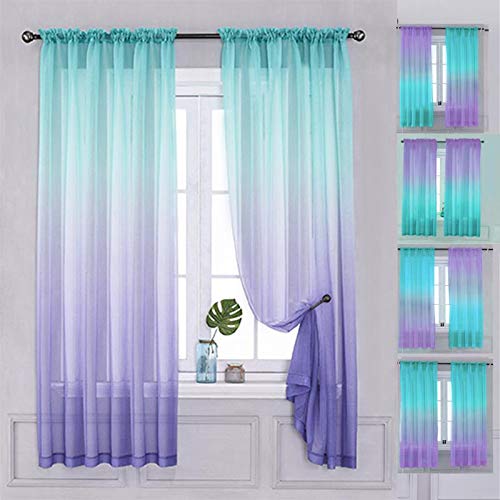 Yancorp Semi Bedroom Curtains 72 inch Length Sheer Rod Pocket Curtain Teal Turquoise Purple Ombre Girls Living Room Mermaid Bedroom 1 PanelsTurquoise Purple 40x72
