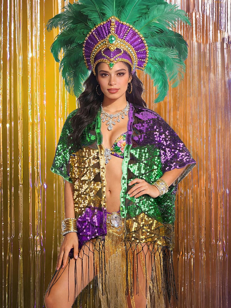 BOARDFEB Mardi Gras Poncho, Sparkling Gold Purple Green Sequin Shawl Mardi Gras Outfits for Women, Carnival Celebration Costume Accessory - Image 4