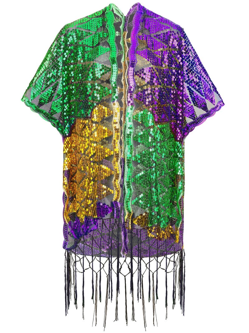 BOARDFEB Mardi Gras Poncho, Sparkling Gold Purple Green Sequin Shawl Mardi Gras Outfits for Women, Carnival Celebration Costume Accessory - Image 1