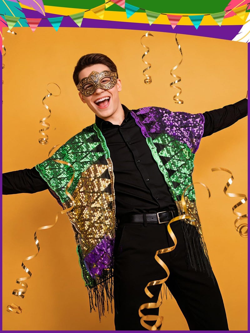 BOARDFEB Mardi Gras Poncho, Sparkling Gold Purple Green Sequin Shawl Mardi Gras Outfits for Women, Carnival Celebration Costume Accessory - Image 3