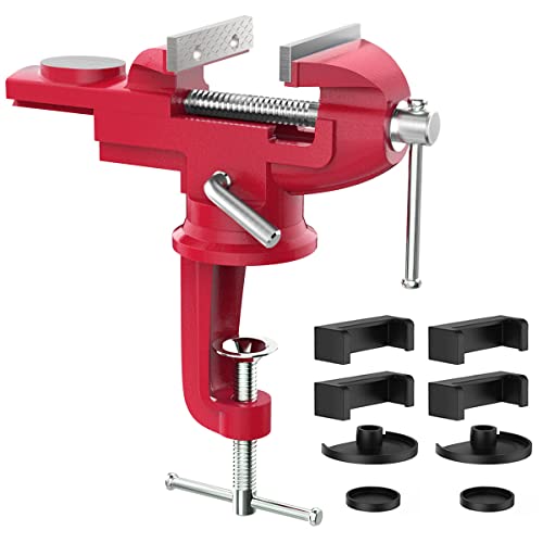 Housolution Universal Table Vise 3 Inch, 360°Swivel Base Bench Clamp Home Vise Clamp-On Vise Repair Tool Portable Work Bench Vise for Woodworking, Cutting Conduit, Drilling, Metalworking - Red - Image 1