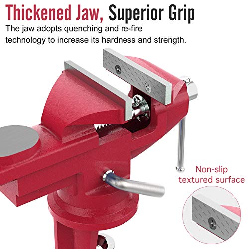 Housolution Universal Table Vise 3 Inch, 360°Swivel Base Bench Clamp Home Vise Clamp-On Vise Repair Tool Portable Work Bench Vise for Woodworking, Cutting Conduit, Drilling, Metalworking - Red - Image 3