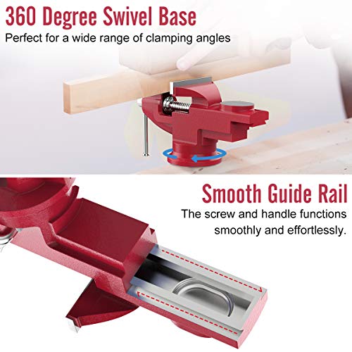 Housolution Universal Table Vise 3 Inch, 360°Swivel Base Bench Clamp Home Vise Clamp-On Vise Repair Tool Portable Work Bench Vise for Woodworking, Cutting Conduit, Drilling, Metalworking - Red - Image 5