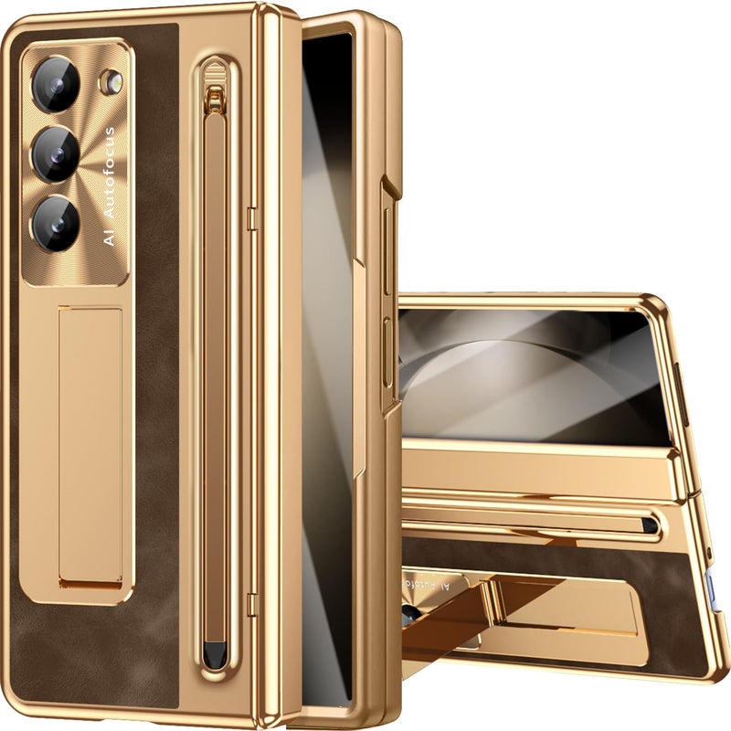 NINKI for Samsung Galaxy Z Fold 5 Case with S Pen & S Pen Holder, Kickstand & Front Screen Protector Hinge Electroplating Leather Phone Cover for Z Fold 5 Case with Stand and Stylus â€“ Gold with Coffee - Image 1