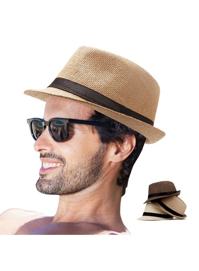 LADYBRO Mens Fedora Hats for Men - Fedora Hat Panama Hat Straw Hat Trilby Hat Summer Hat (Pack of 3), Beige,coffee,khaki, M - Image 1