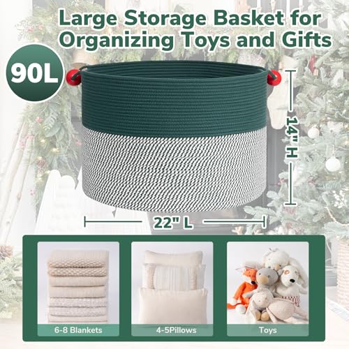 Goodpick Large Storage Basket 22 x 14 Woven Baby Storage for Blanket Living Room Laundry Organizer for Clothes Toys Christmas Basket for Gifts Green - Image 3