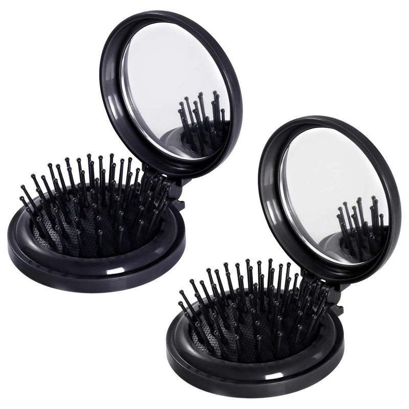 2pcs Folding Travel Mirror Hair Brushes Round Mirror Pocket Hair Brush Portable Mini Pop Up Hair Brushes for Women Girls Wet and Dry Hair Black
