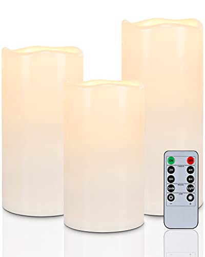 Homemory 6" 8" 10" x 4" Waterproof Outdoor Flameless Candles, Battery Operated Flickering LED Pillar Candles with Remote and Timers for Indoor, Plastic, Ivory White - Image 1