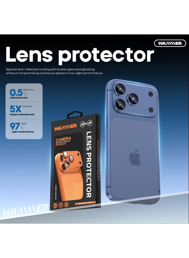 Hammer Camera Lens Protector for iPhone 17 Pro, robust scratch and drop protection, full coverage, 3D metal construction, case compatible, tempered glass camera cover, blue color. - Image 2