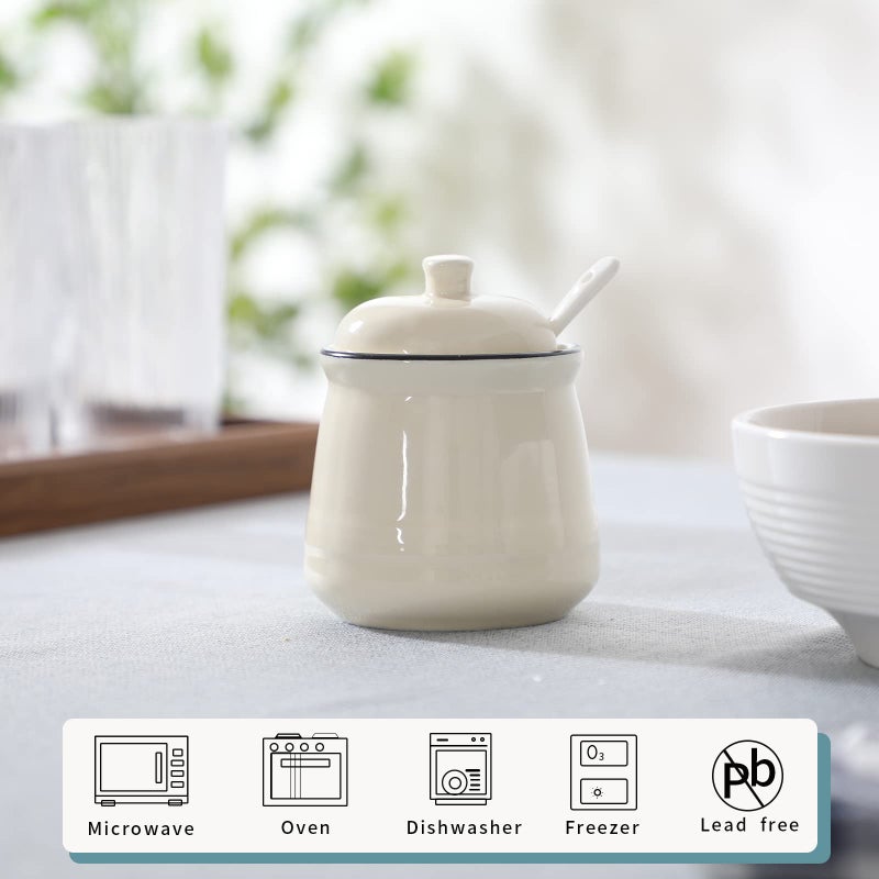 HAOTOP Porcelain Salt Bowl with Lid and Spoon Ceramic Sugar Bowl 12oz (Beige) - Image 3